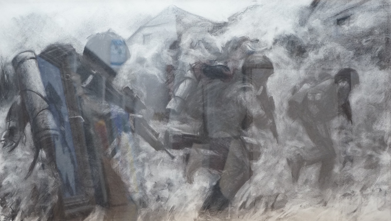 Keith Holmes (b.1944), Battle scene, charcoal, details verso, 55 x 96cm